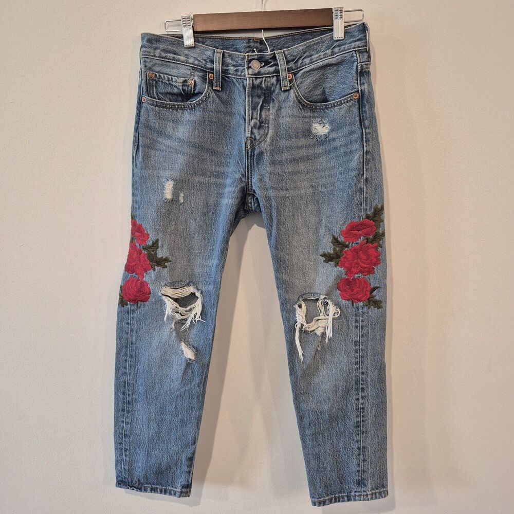 Levi's 501 Cropped Taper Jeans Womens Floral Rose Embroidered Distressed Ripped
